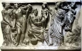 Prometeo crea al hombre ante Atenea. Sarcófago romano. París, Museo de Louvre.